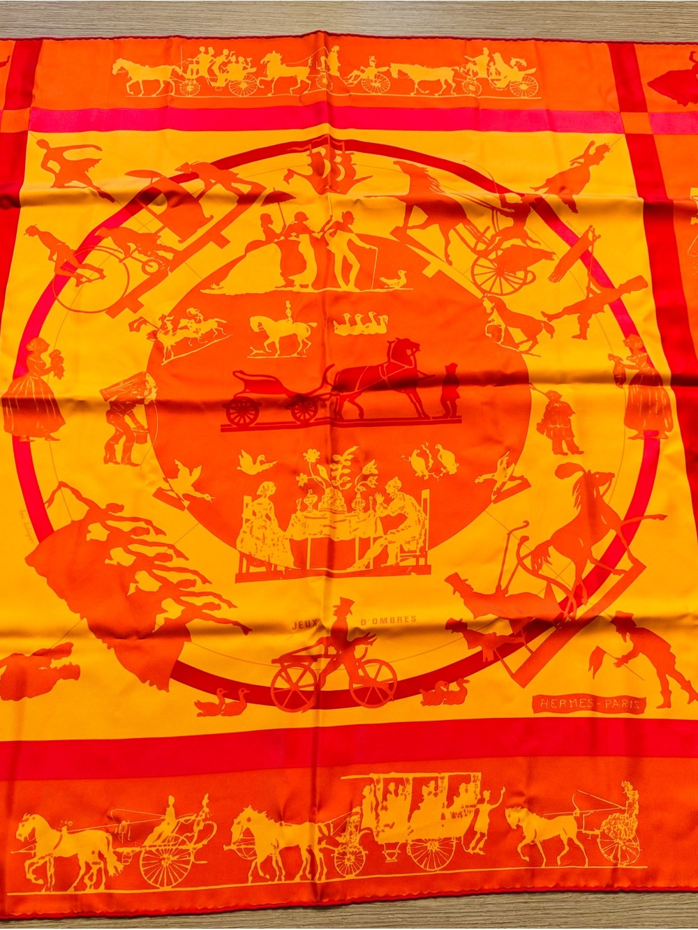 Hermès Paris Jeux d’ Ombres Orange and Yellow Silk Scarf